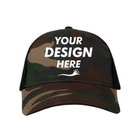 Valucap Mesh-Back Twill Trucker Cap, Camo / Black / Black, Front view, Mockup