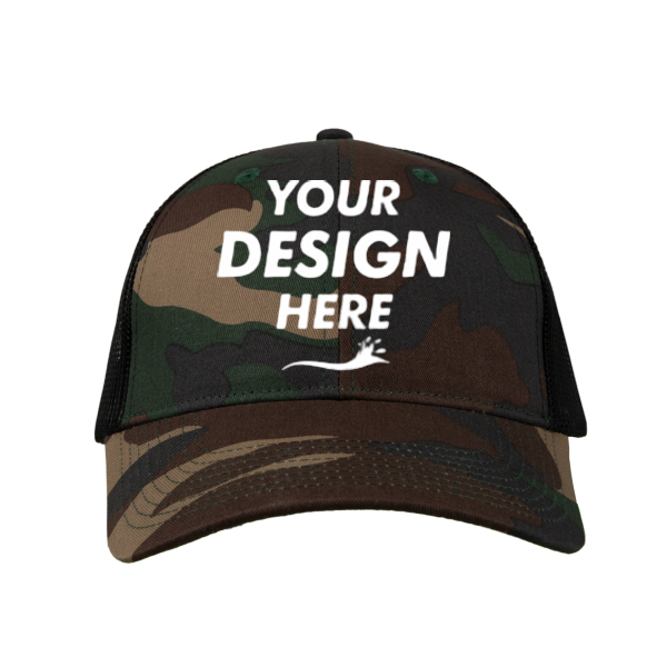 Valucap Mesh-Back Twill Trucker Cap, Camo / Black / Black, Front view, Mockup