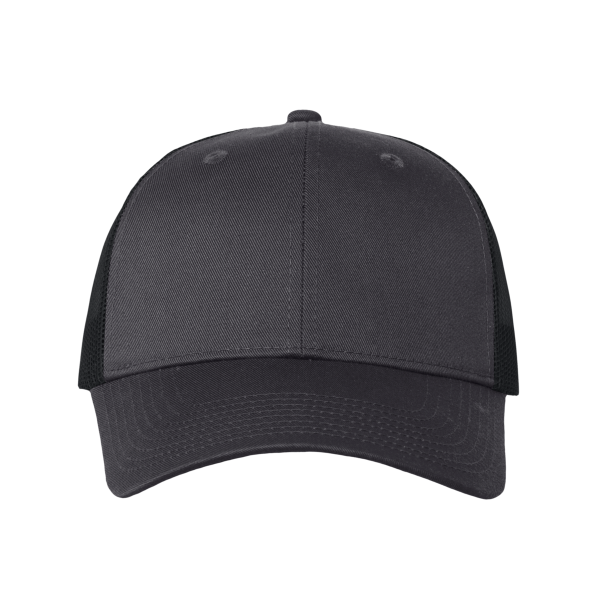 Valucap Mesh-Back Twill Trucker Cap, Charcoal / Black / Black, Front view