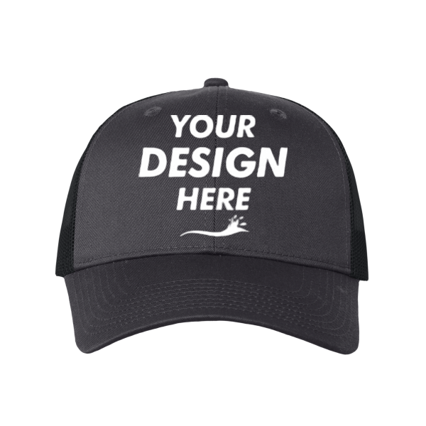 Valucap Mesh-Back Twill Trucker Cap, Charcoal / Black / Black, Front view, Mockup