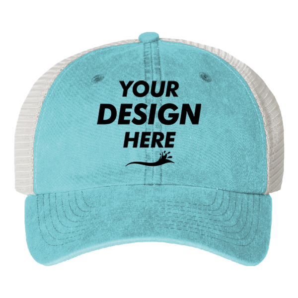 Valucap Pigment-Dyed Trucker Cap, Aqua / Stone / Stone, Front view, Mockup