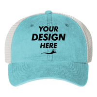 Valucap Pigment-Dyed Trucker Cap, Aqua / Stone / Stone, Front view, Mockup