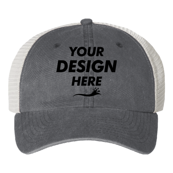 Valucap Pigment-Dyed Trucker Cap, Black / Stone / Stone, Front view, Mockup