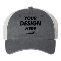 Valucap Pigment-Dyed Trucker Cap, Black / Stone / Stone, Front view, Mockup
