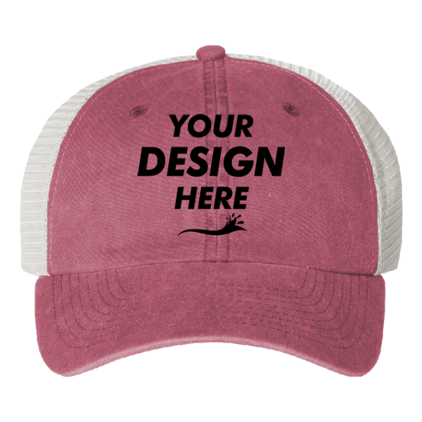 Valucap Pigment-Dyed Trucker Cap, Cardinal / Stone / Stone, Front view, Mockup