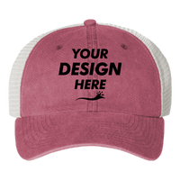 Valucap Pigment-Dyed Trucker Cap, Cardinal / Stone / Stone, Front view, Mockup