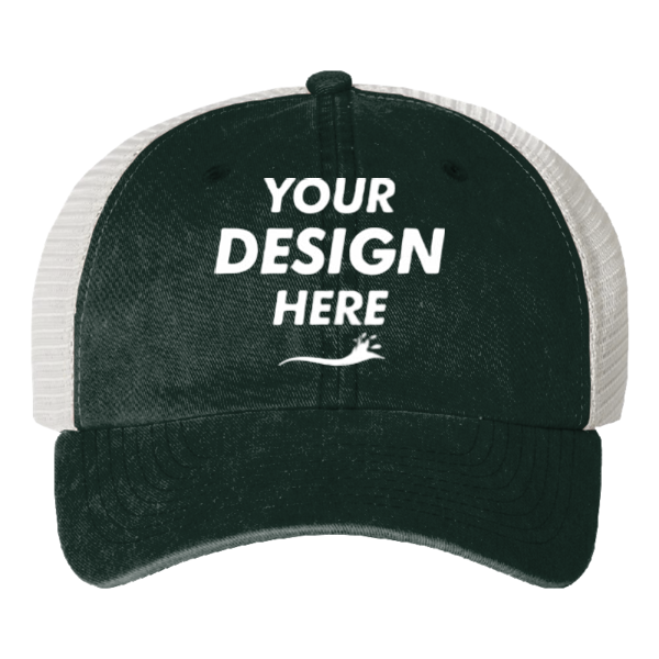 Valucap Pigment-Dyed Trucker Cap, Forest / Stone / Stone, Front view, Mockup