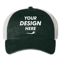 Valucap Pigment-Dyed Trucker Cap, Forest / Stone / Stone, Front view, Mockup