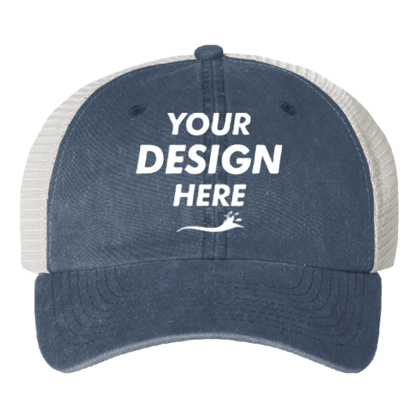 Valucap Pigment-Dyed Trucker Cap, Navy / Cardinal / Stone, Front view, Mockup