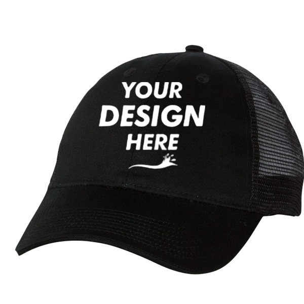 Valucap Sandwich Trucker Cap, Black / Black / Black, Front view, Mockup