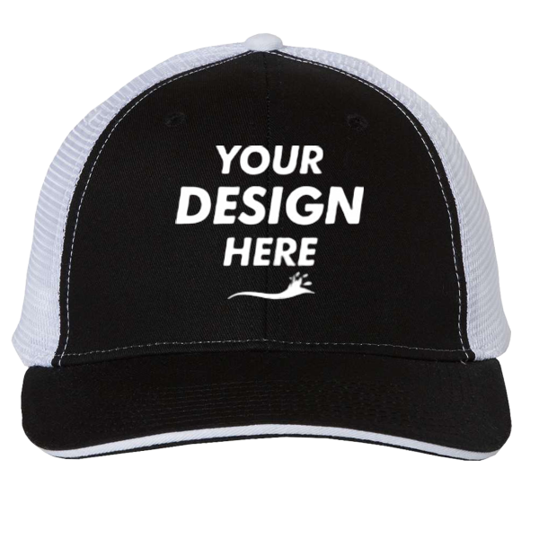 Valucap Sandwich Trucker Cap, Black / White / White, Front view, Mockup