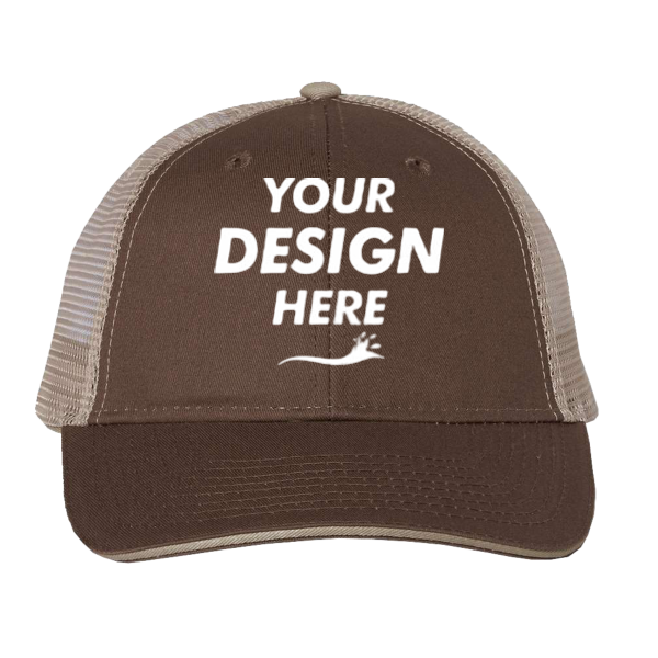 Valucap Sandwich Trucker Cap, Brown / Khaki / Khaki, Front view, Mockup