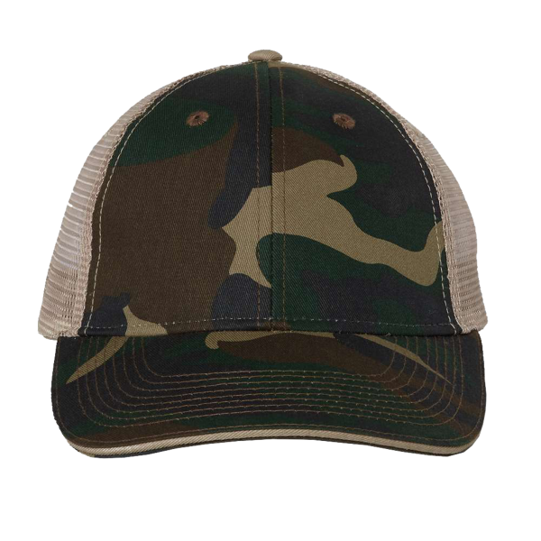 Valucap Sandwich Trucker Cap, Green Camo / Tan / Tan, Front view