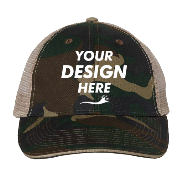 Valucap Sandwich Trucker Cap, Green Camo / Tan / Tan, Front view, Mockup