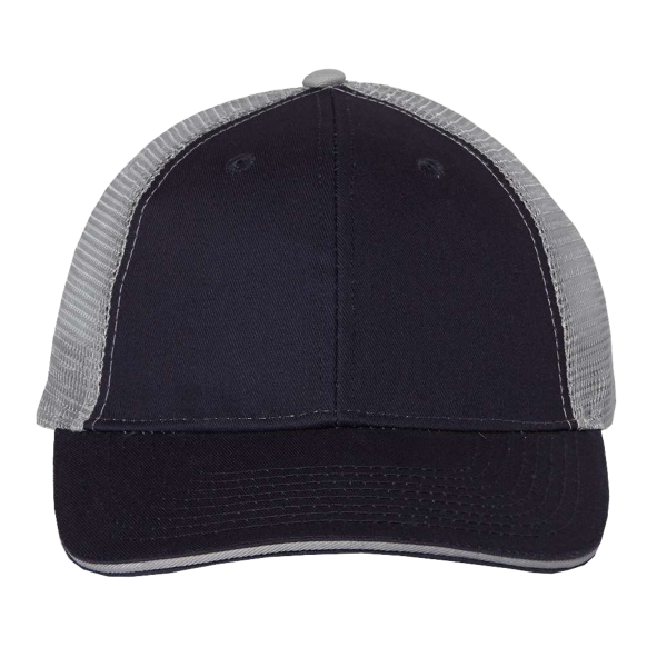 Valucap Sandwich Trucker Cap, Navy / Grey / Grey, Front view