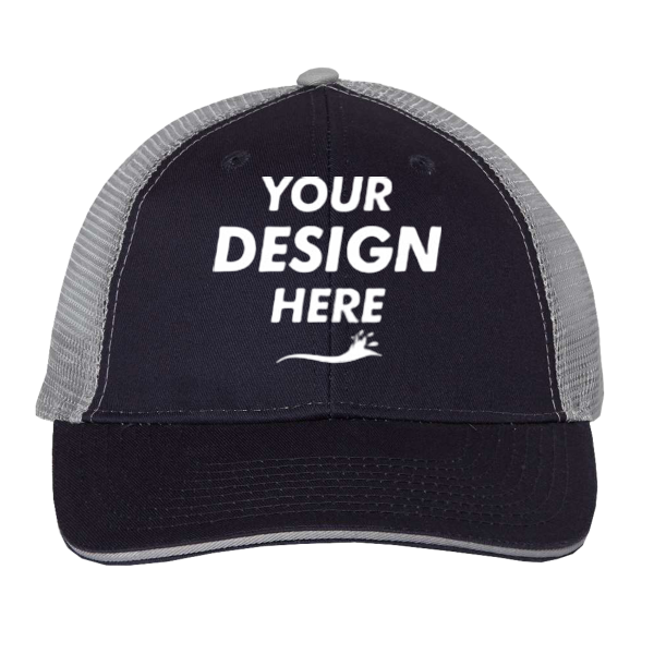 Valucap Sandwich Trucker Cap, Navy / Grey / Grey, Front view, Mockup