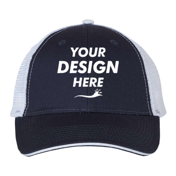 Valucap Sandwich Trucker Cap, Navy / White / White, Front view, Mockup