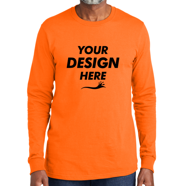 Volunteer Knitwear All American Long Sleeve Tee, Safety Orange, Front view, Mockup