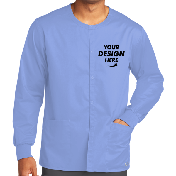 Wink Unisex WorkFlex Snap Front Scrub Jacket, Ceil Blue, Front view, Mockup