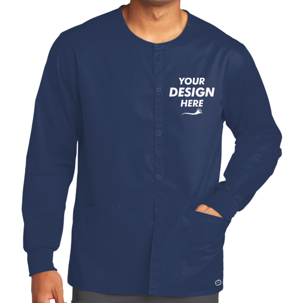 Wink Unisex WorkFlex Snap Front Scrub Jacket, Navy, Front view, Mockup