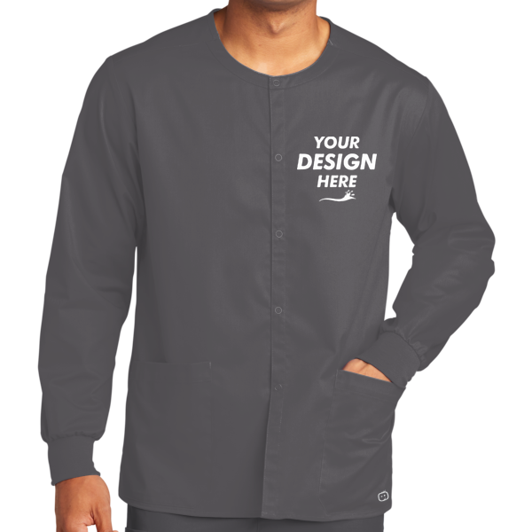 Wink Unisex WorkFlex Snap Front Scrub Jacket, Pewter, Front view, Mockup