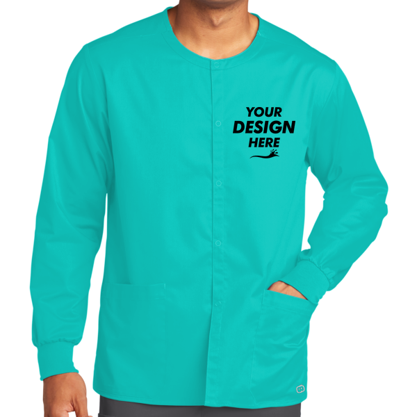 Wink Unisex WorkFlex Snap Front Scrub Jacket, Teal Blue, Front view, Mockup