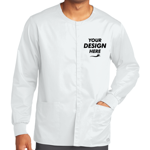 Wink Unisex WorkFlex Snap Front Scrub Jacket, White, Front view, Mockup