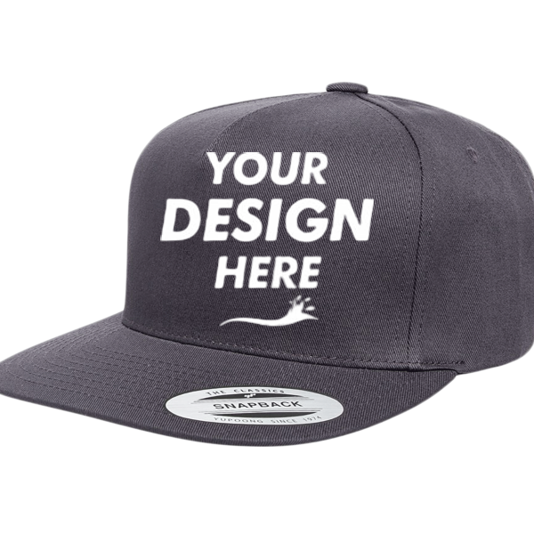 YP Classics Five-Panel Cotton Twill Snapback Cap, Dark Grey / Dark Grey, Front view, Mockup