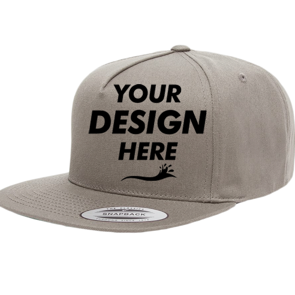 YP Classics Five-Panel Cotton Twill Snapback Cap, Grey / Grey, Front view, Mockup