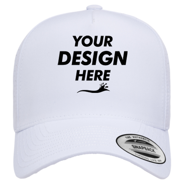 YP Classics Five-Panel Snapback with Perforated Cap, White, Front view, Mockup