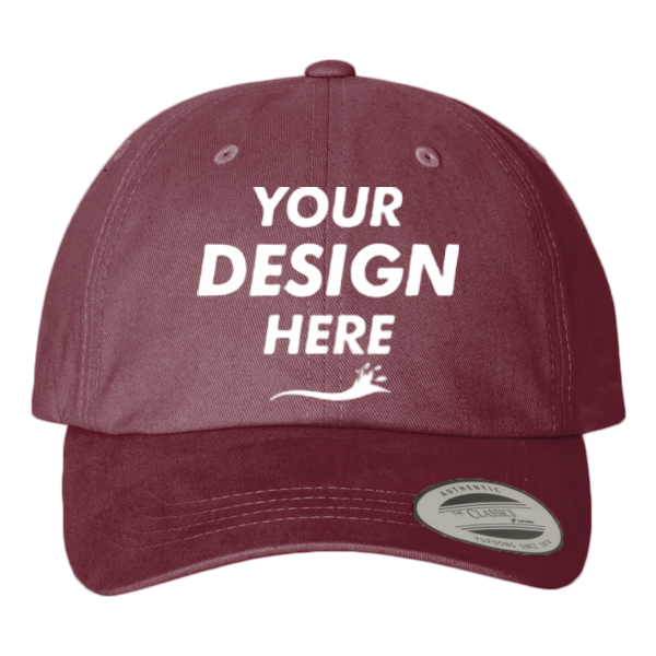 YP Classics Peached Cotton Twill Dad Hat, Maroon, Front view, Mockup