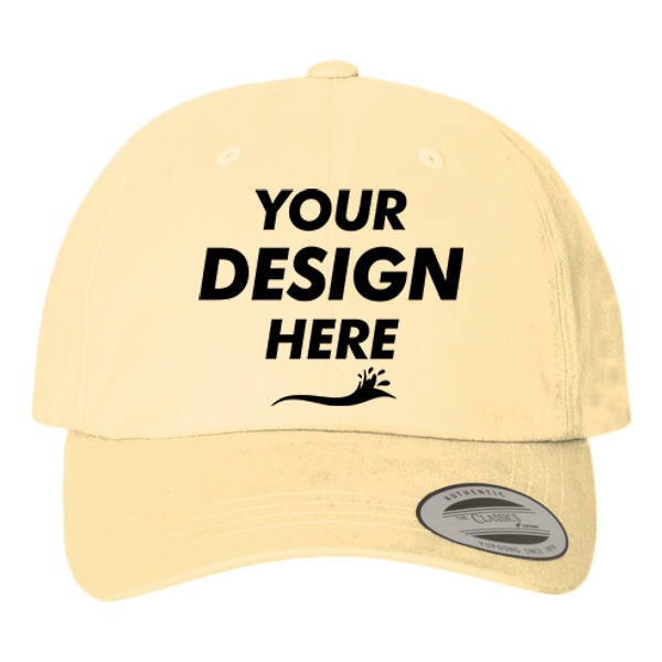 YP Classics Peached Cotton Twill Dad Hat, Yellow, Front view, Mockup