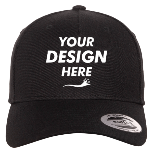 YP Classics Premium Five-Panel Curved Bill Snapback Cap, Black, Front view, Mockup