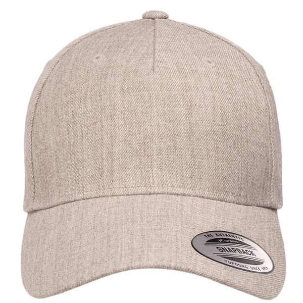 YP Classics Premium Five-Panel Curved Bill Snapback Cap, Heather Grey, Front view