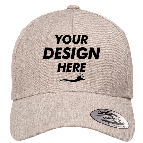 YP Classics Premium Five-Panel Curved Bill Snapback Cap, Heather Grey, Front view, Mockup