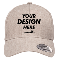 YP Classics Premium Five-Panel Curved Bill Snapback Cap, Heather Grey, Front view, Mockup