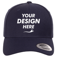 YP Classics Premium Five-Panel Curved Bill Snapback Cap, Navy, Front view, Mockup