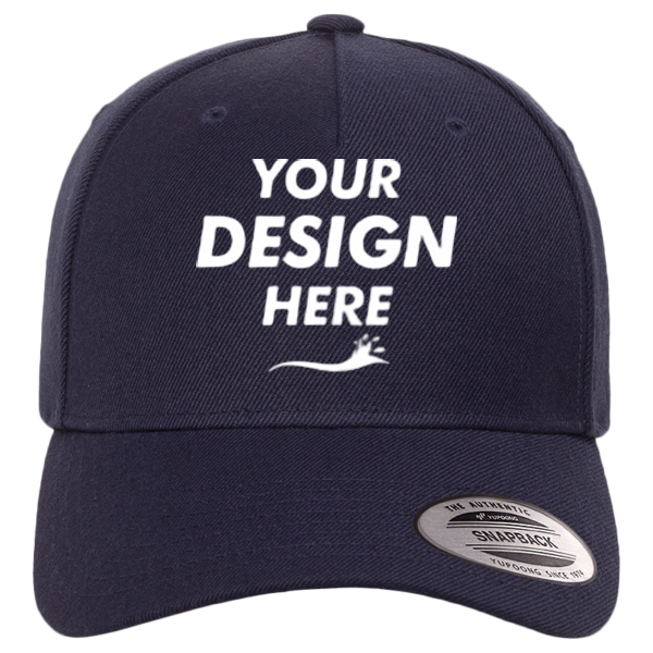 YP Classics Premium Five-Panel Curved Bill Snapback Cap, Navy, Front view, Mockup