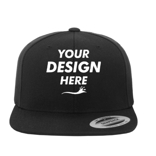 YP Classics Premium Flat Bill Snapback Cap, Black / Black, Front view, Mockup