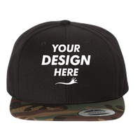 YP Classics Premium Flat Bill Snapback Cap, Black / Camo, Front view, Mockup