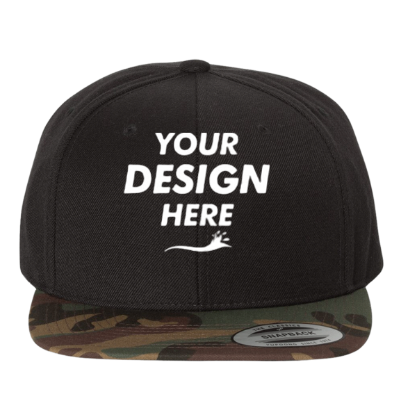YP Classics Premium Flat Bill Snapback Cap, Black / Camo, Front view, Mockup