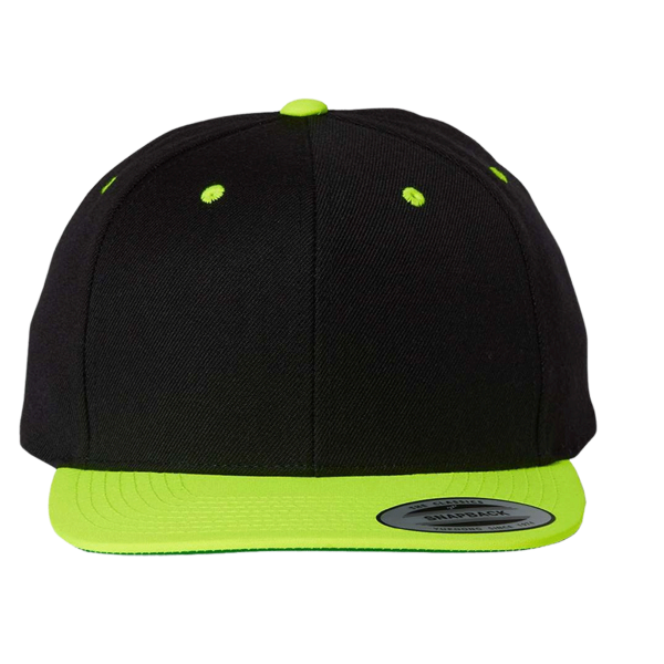 YP Classics Premium Flat Bill Snapback Cap, Black / Neon Green, Front view