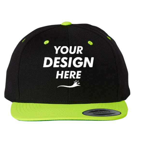 YP Classics Premium Flat Bill Snapback Cap, Black / Neon Green, Front view, Mockup