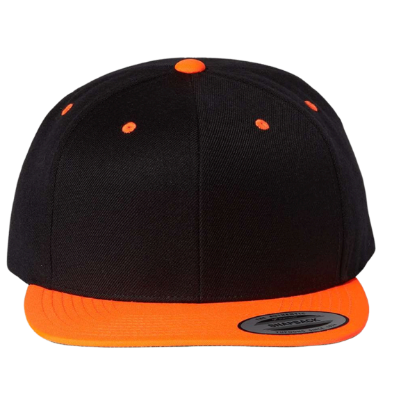 YP Classics Premium Flat Bill Snapback Cap, Black / Neon Orange, Front view