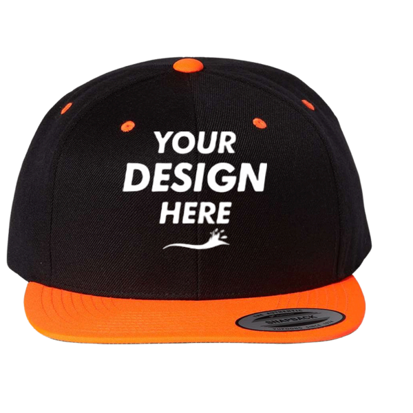 YP Classics Premium Flat Bill Snapback Cap, Black / Neon Orange, Front view, Mockup