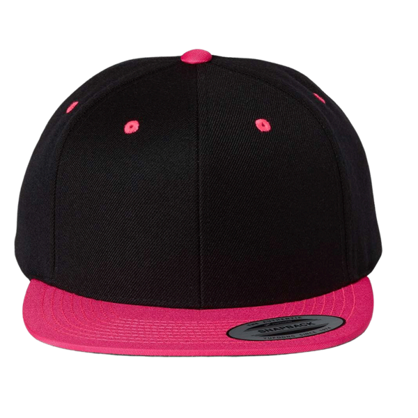 YP Classics Premium Flat Bill Snapback Cap, Black / Neon Pink, Front view