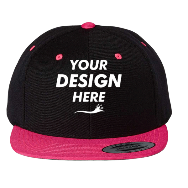 YP Classics Premium Flat Bill Snapback Cap, Black / Neon Pink, Front view, Mockup