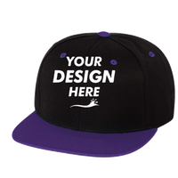 YP Classics Premium Flat Bill Snapback Cap, Black / Purple, Front view, Mockup