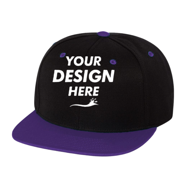 YP Classics Premium Flat Bill Snapback Cap, Black / Purple, Front view, Mockup