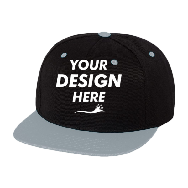 YP Classics Premium Flat Bill Snapback Cap, Black / Silver, Front view, Mockup